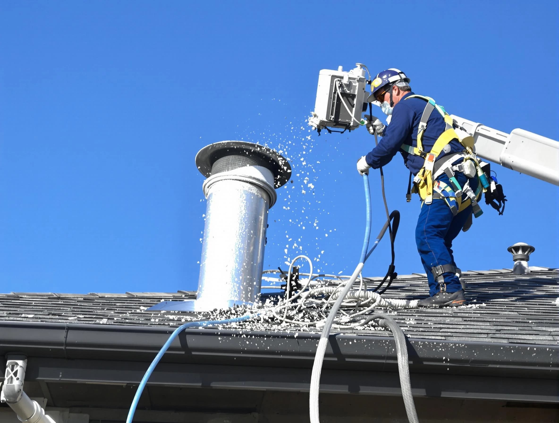 Hendersonville Dryer Vent Cleaning certified technician safely cleaning a roof-mounted dryer vent in Hendersonville