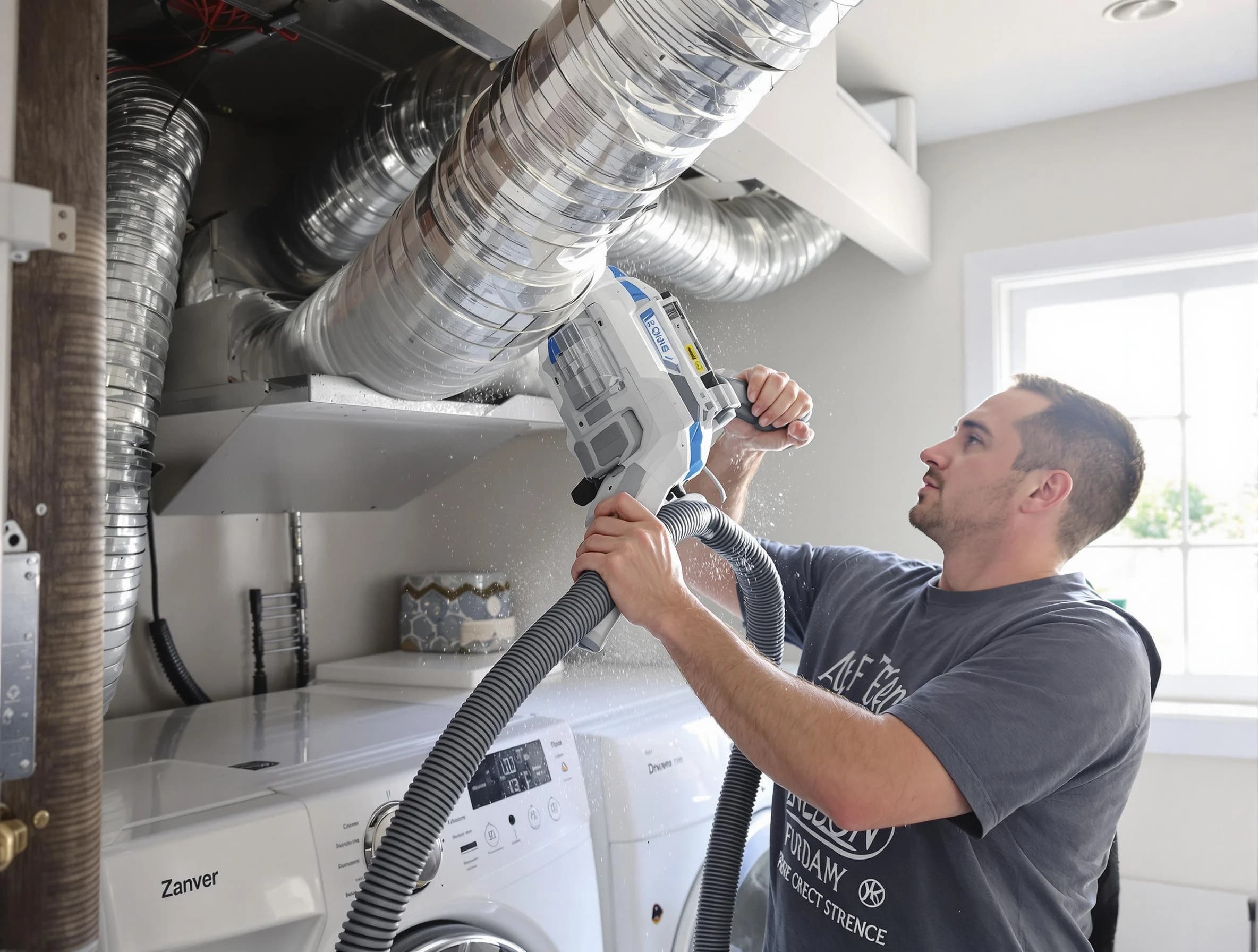 Hendersonville Dryer Vent Cleaning specialist cleaning deep within a dryer vent duct system in Hendersonville