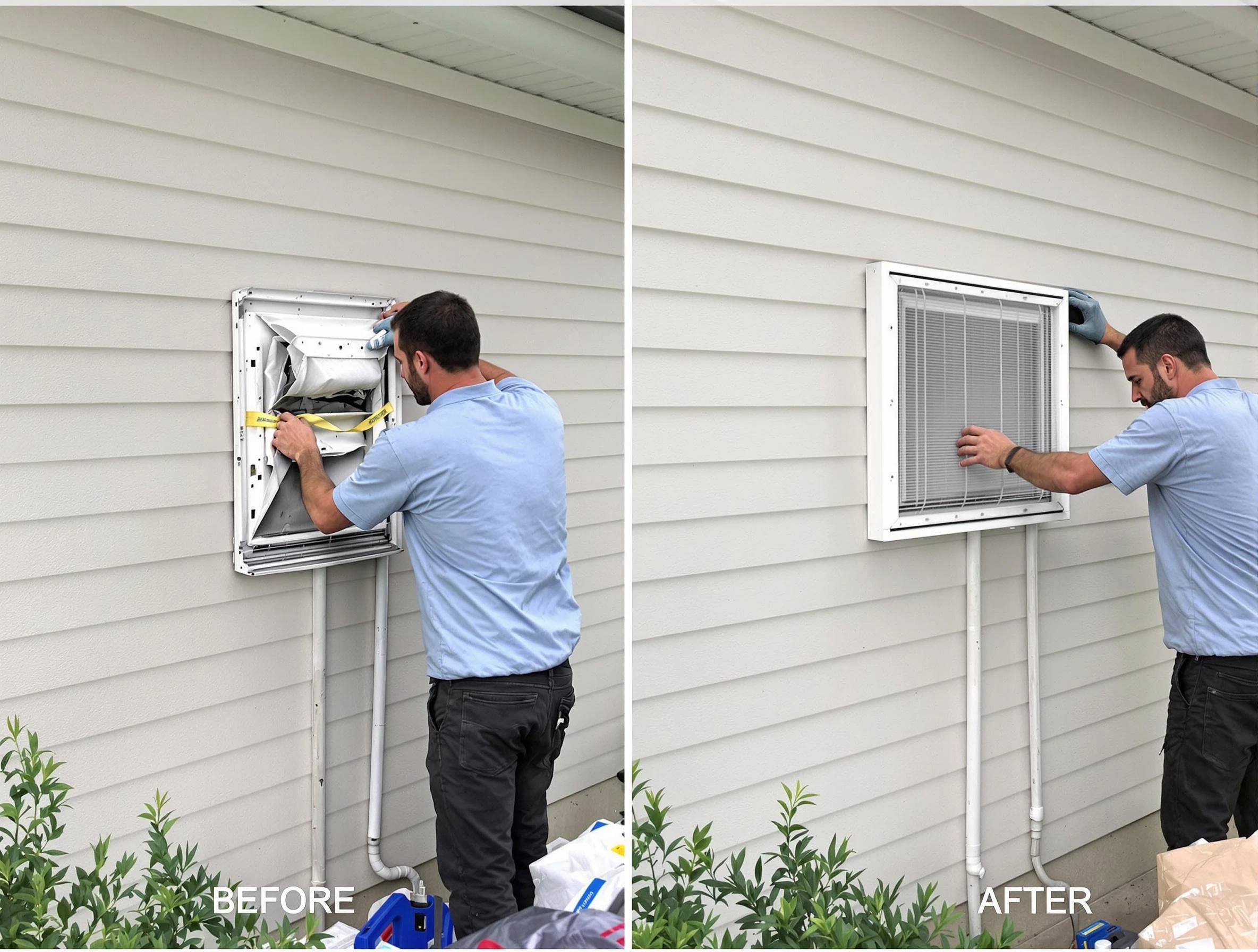 Hendersonville Dryer Vent Cleaning technician installing high-quality dryer vent cover at a residential property in Hendersonville